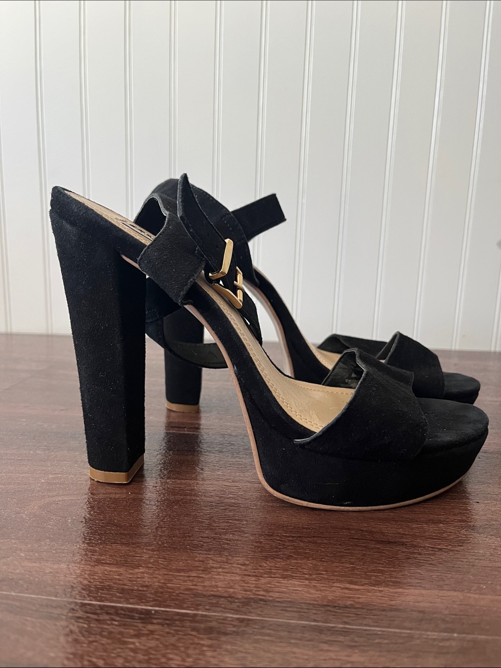 Dune London Black Suede Platform Heel Sandals with Gold Buckle